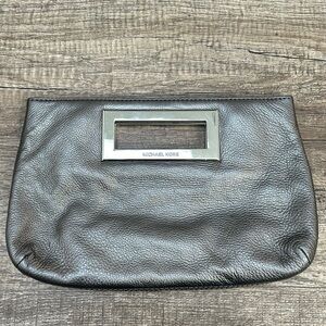 MICHAEL Michael Kors Metallic Grey Leather Top Handle Frame Clutch
